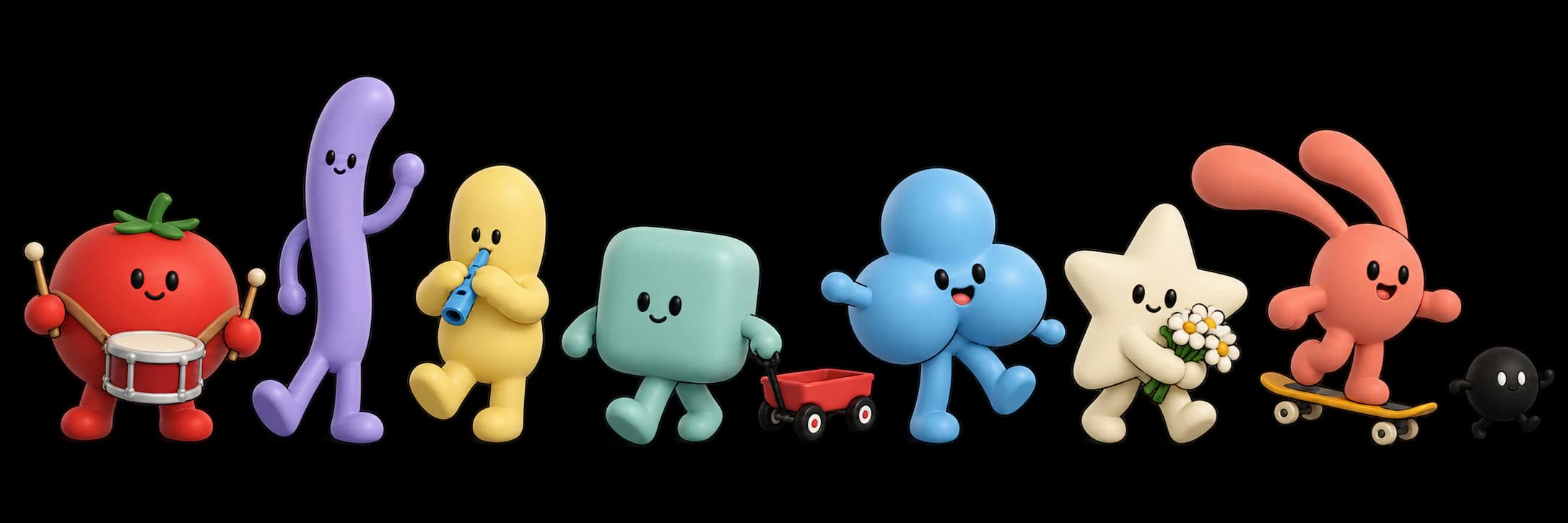 Eight Tiny Parade characters: drummer, noodle, whistle player, wagon puller, balloon friend, flower star, skater and shortcut dot