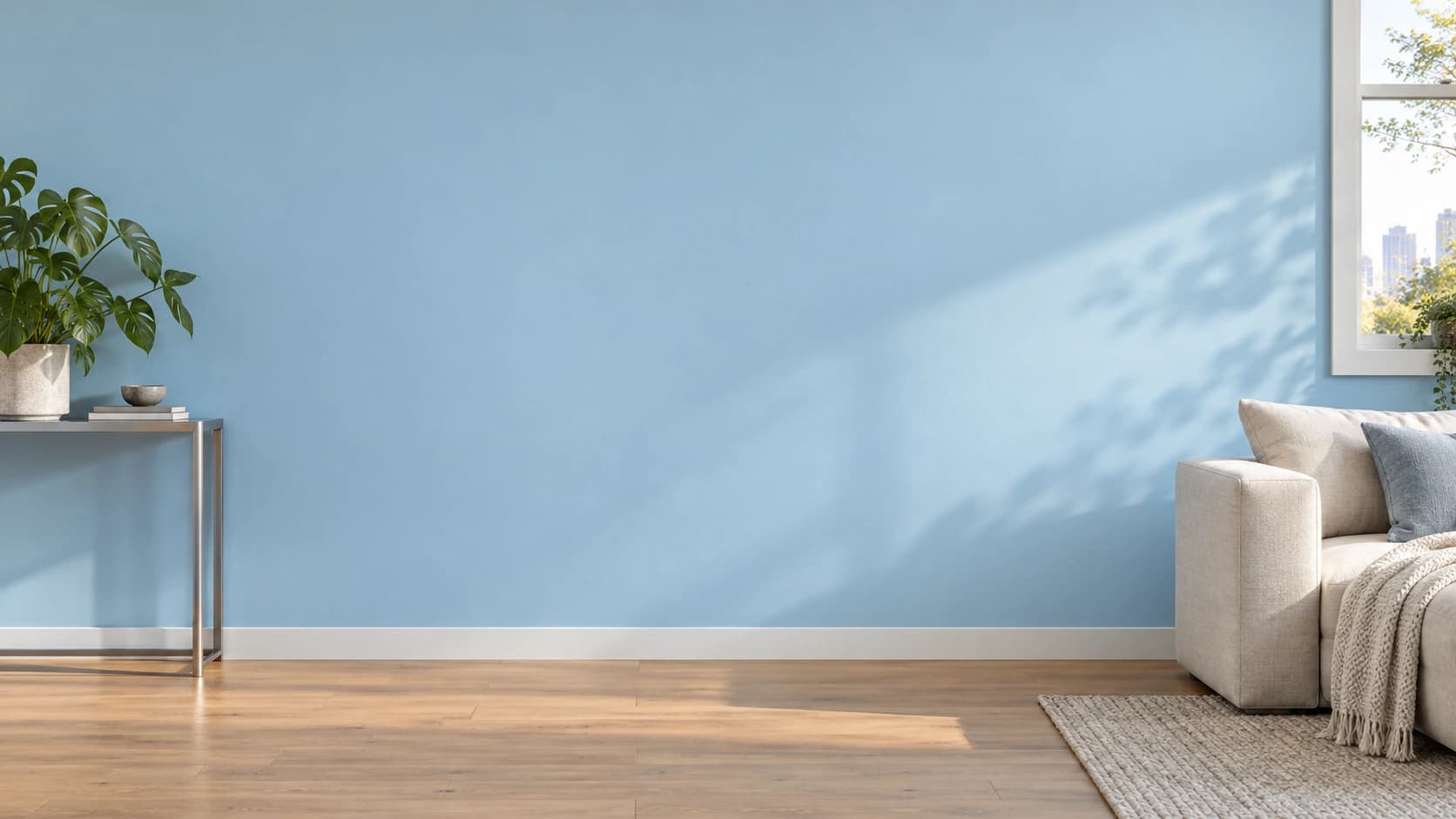 Powder blue living room with a clear wall ready for a modular cat route