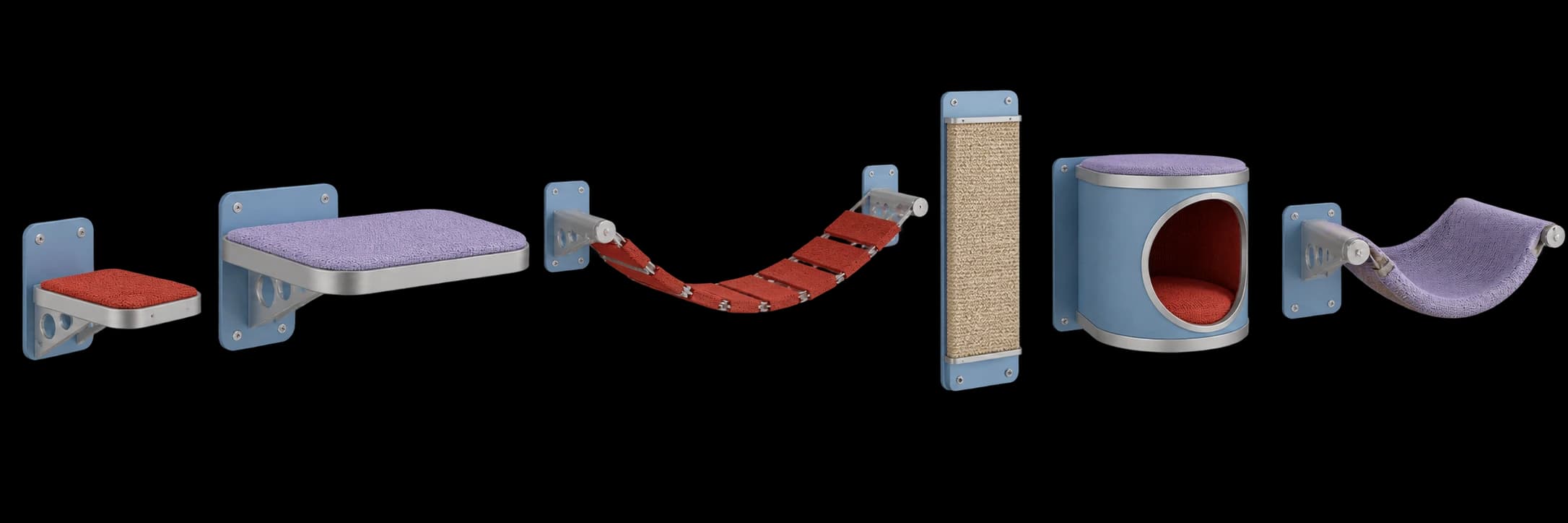 Six WALLTAIL cat wall modules in aluminum, tomato, and lilac finishes
