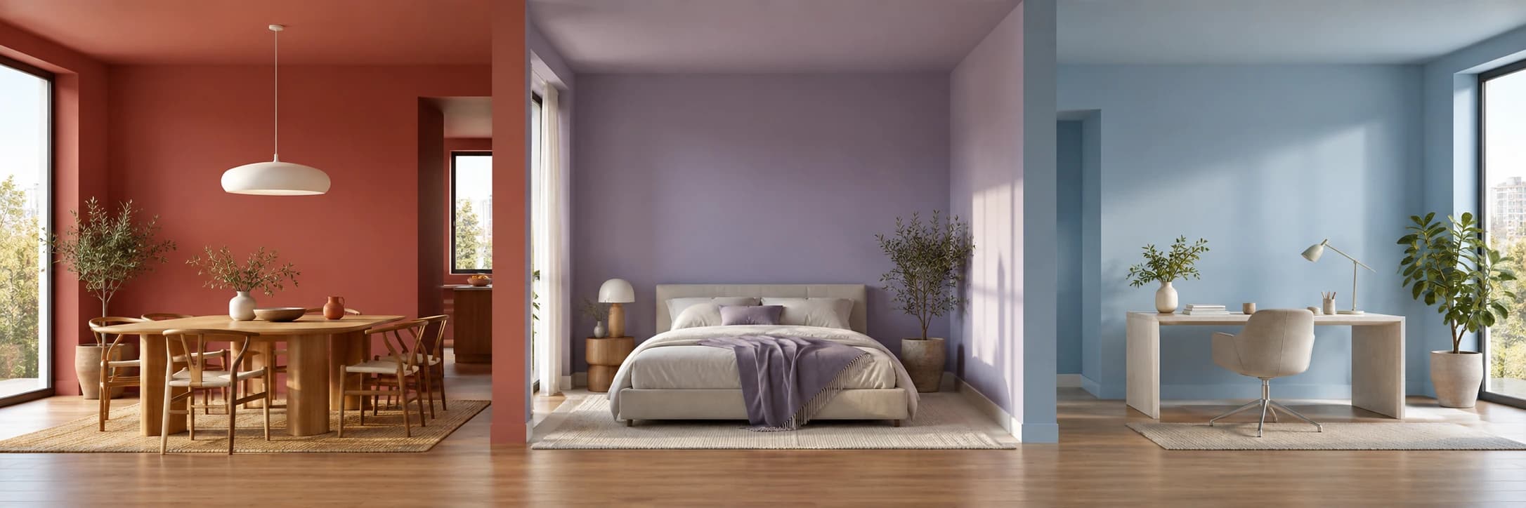 Connected tomato dining nook, lilac bedroom, and powder blue study interiors
