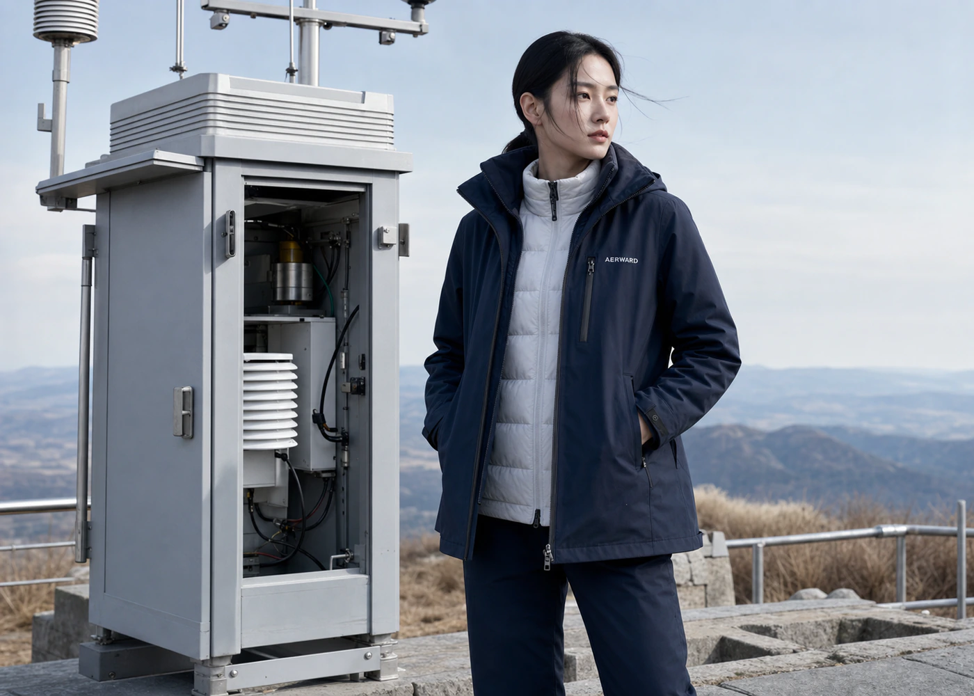 보온 라이너를 겹쳐 입은 AERWARD 모델