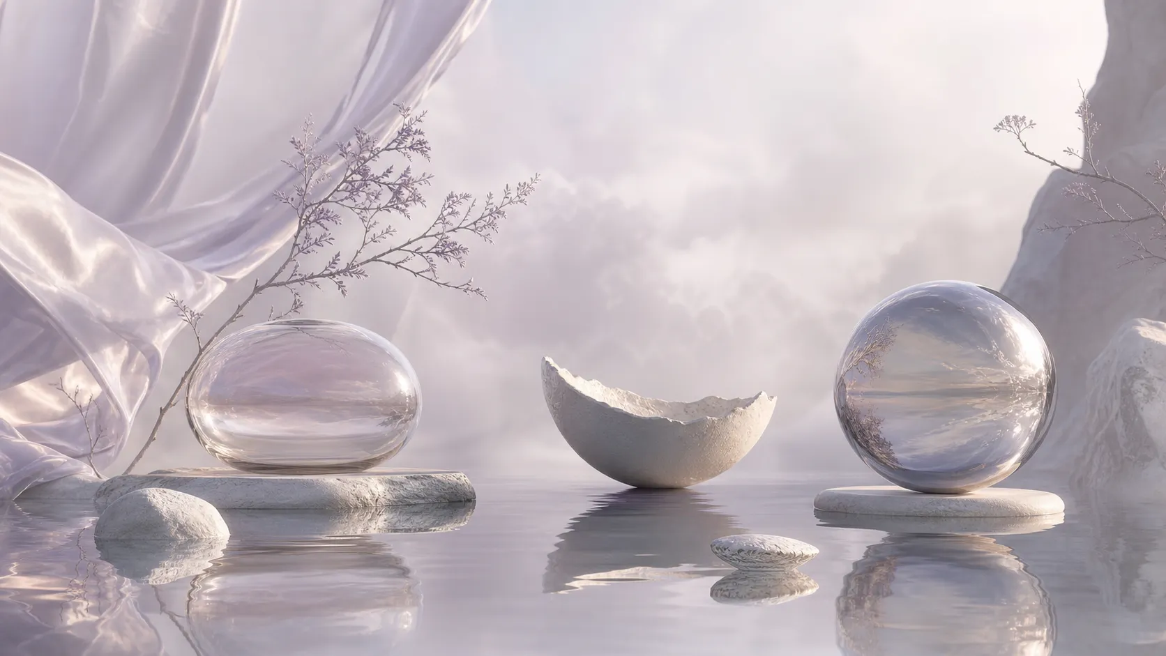 A pale surreal collection of glass vessels, stone forms, silver orbs, branches, and reflective water