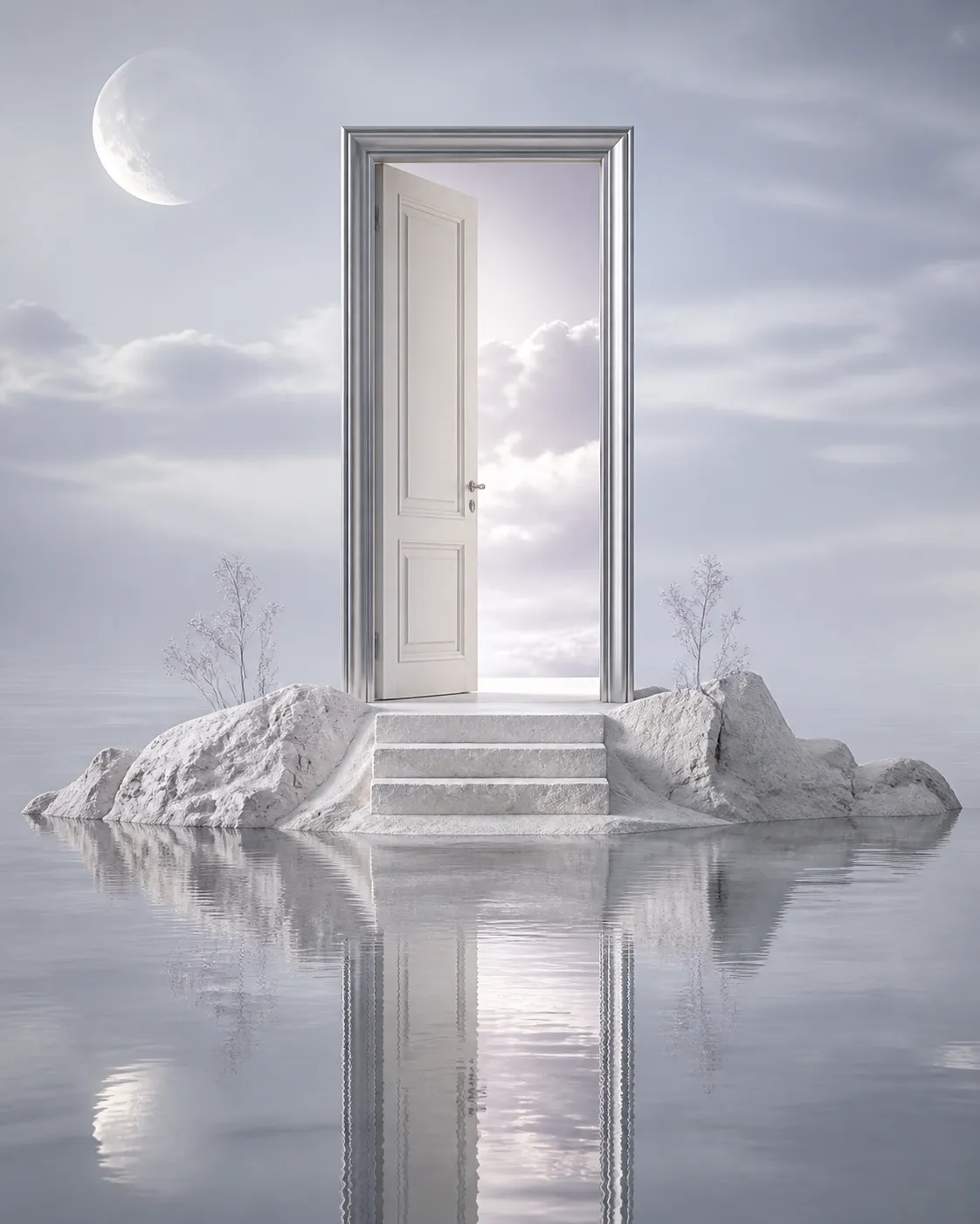 An open ivory door on a pale stone island above reflective water