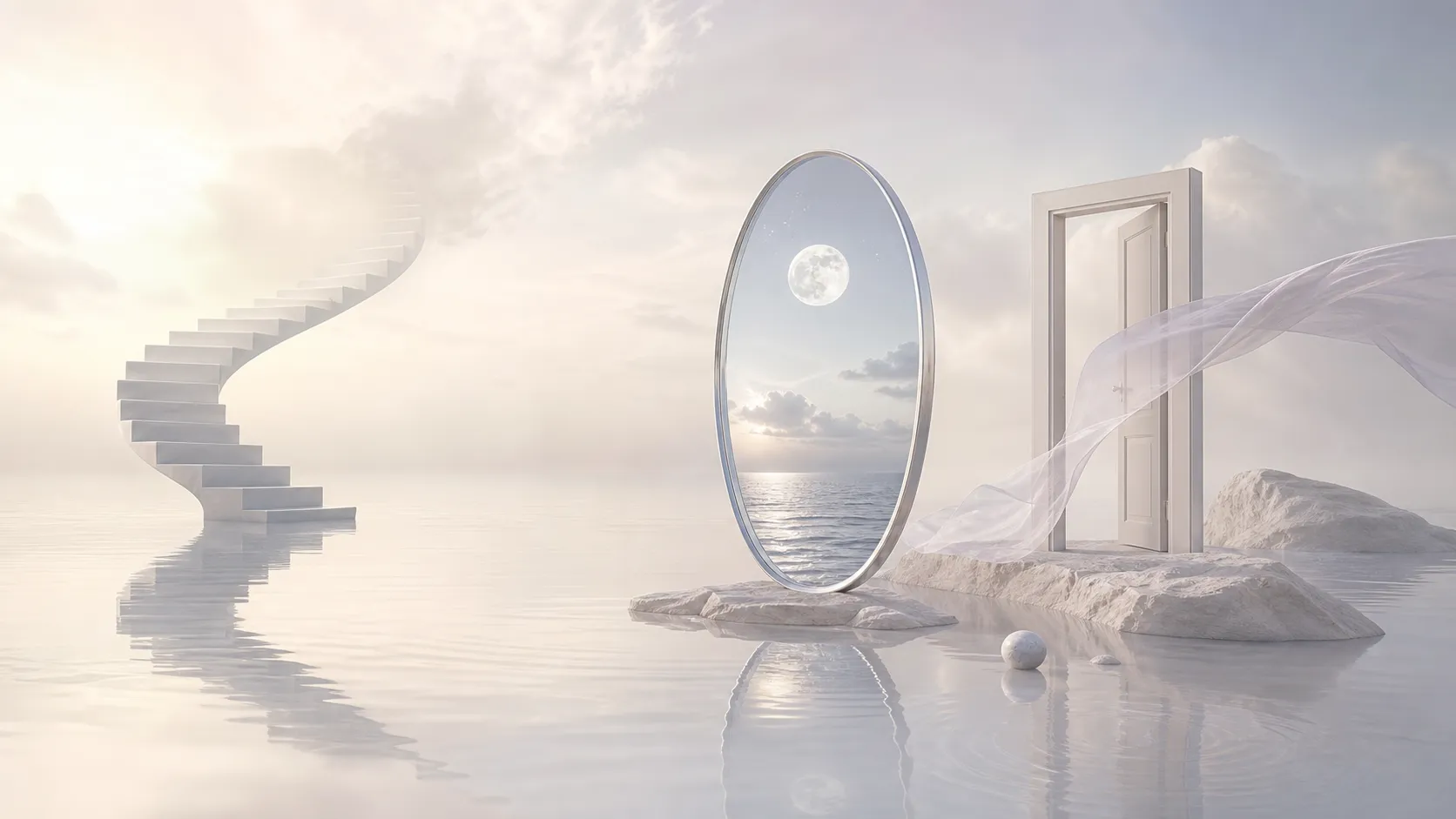 A surreal ivory landscape with floating stairs, an oval mirror, a pale door, silk, moon, rocks, and reflective water
