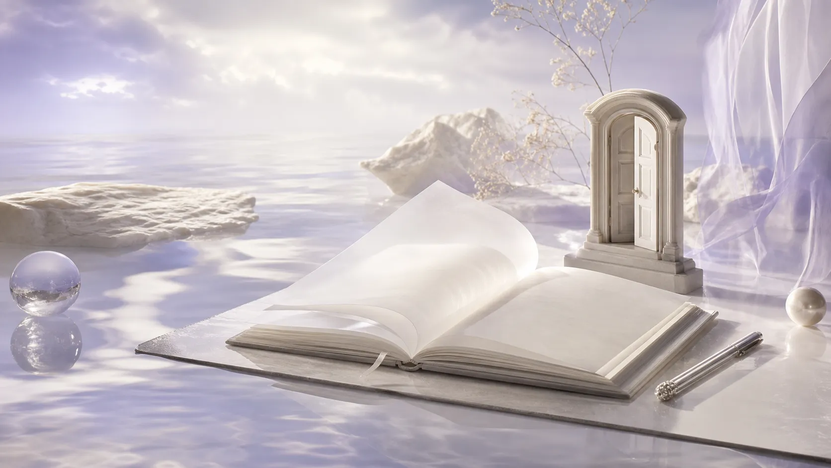 An open blank notebook, ivory door miniature, pearl, silver pen, rocks, silk, and reflective water