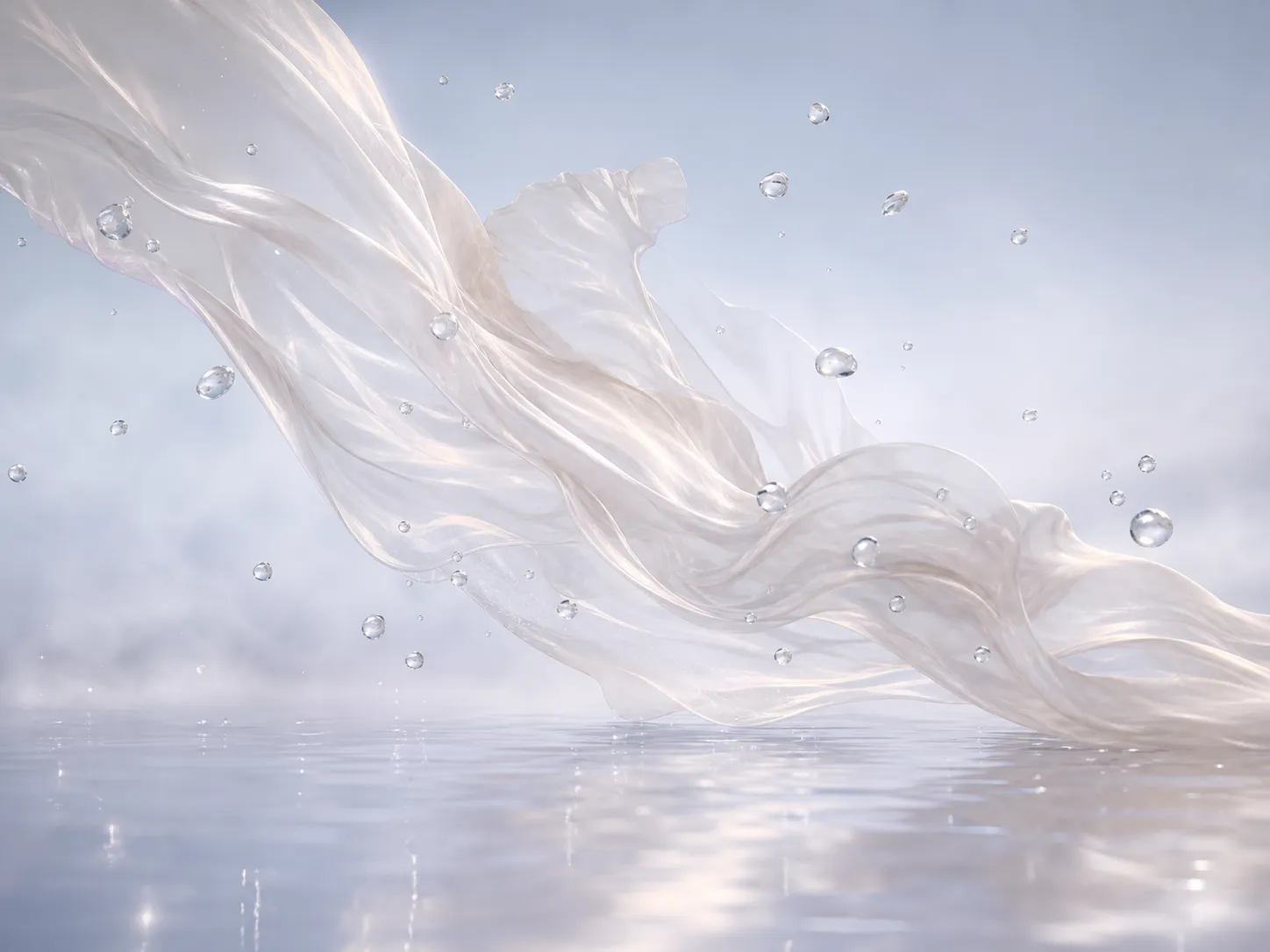 Translucent silk drifting with suspended water droplets
