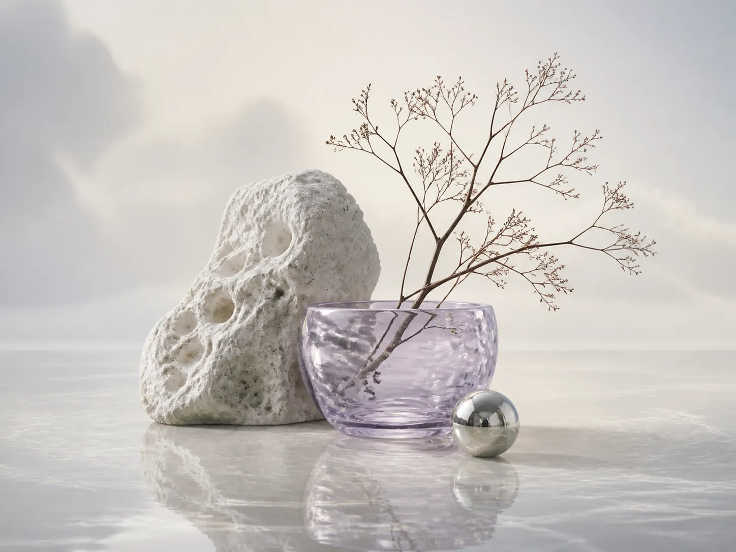 A pale rock, lilac glass bowl, branch, and silver orb on a reflective surface