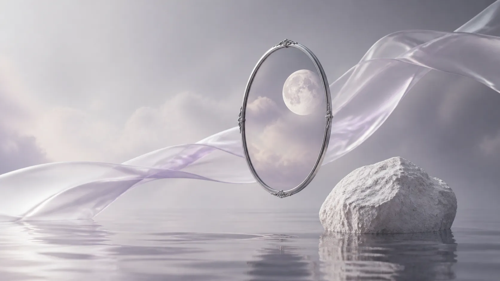 An oval mirror frame, moon, silk ribbon, pale stone, and reflective water in a symbolic material scene