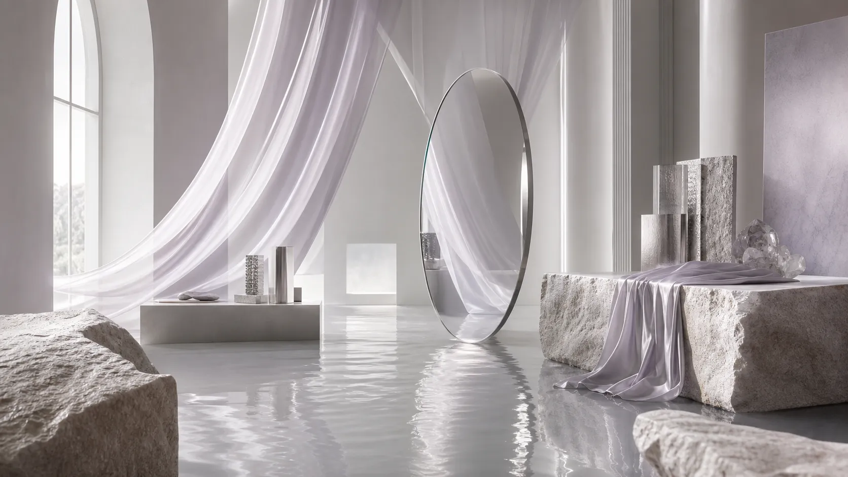 A quiet ivory studio interior with oval mirror, suspended silk, stone plinths, silver samples, and reflective water floor