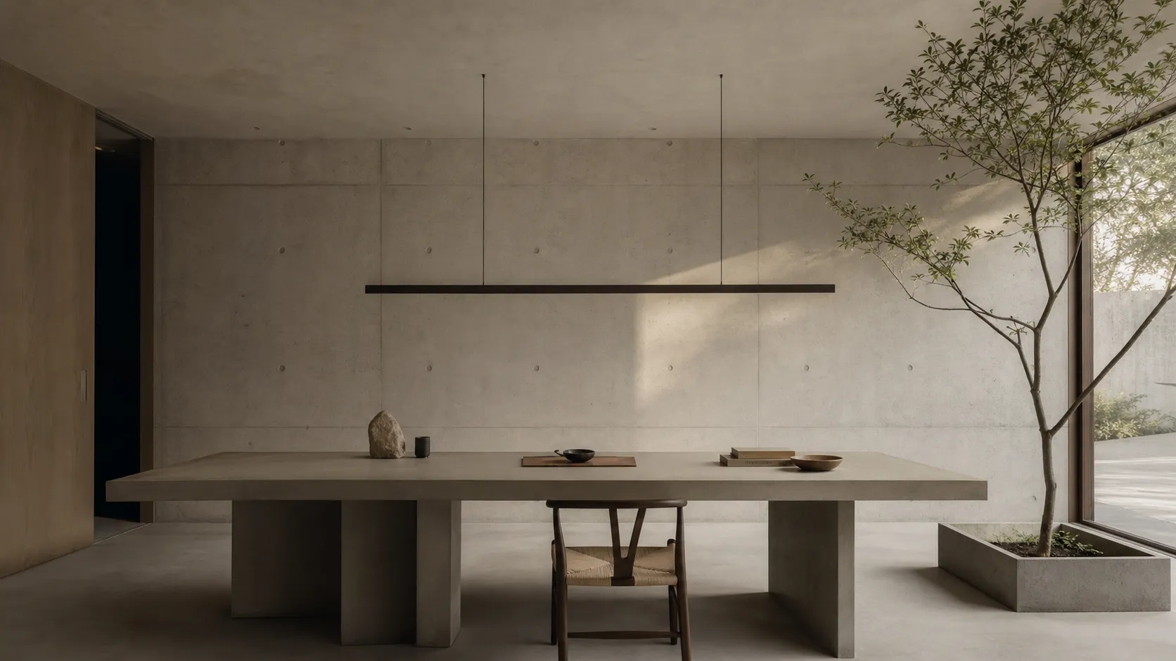 Concrete studio interior with long table and tree