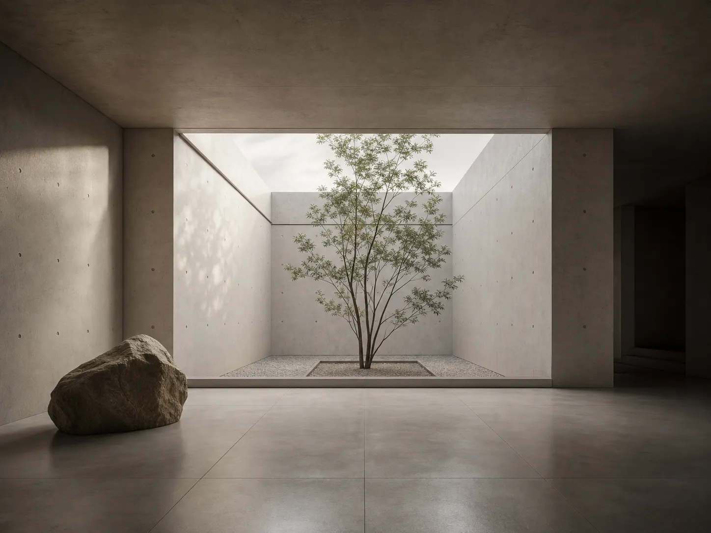 Quiet concrete courtyard with tree and stone