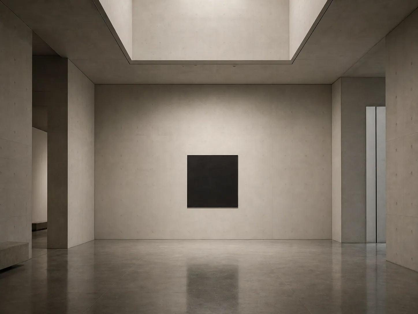 Minimal concrete gallery interior with square artwork