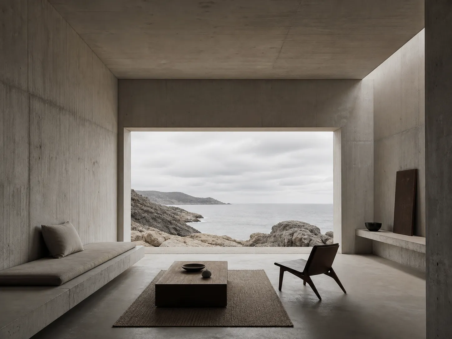 Concrete retreat room framing the sea
