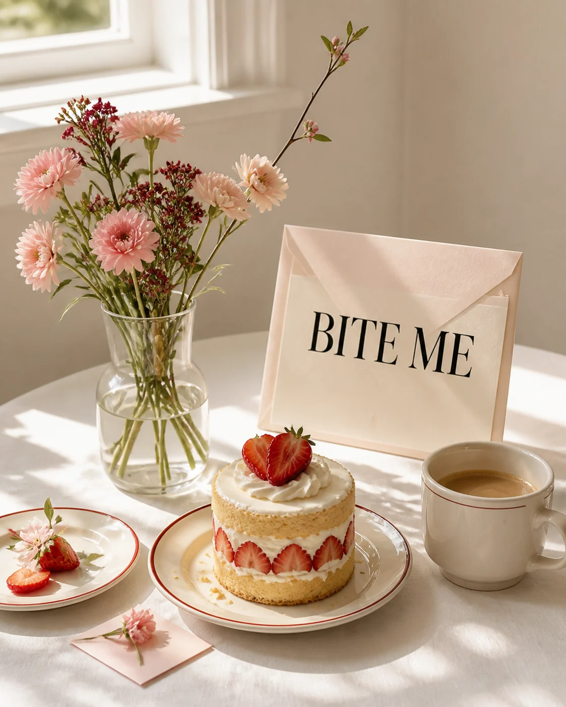 BITE ME studio table with flowers, cake and packaging