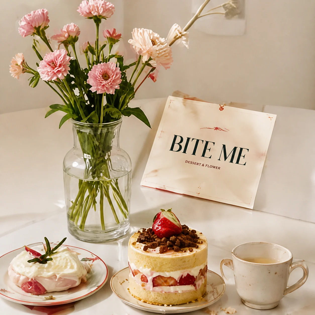 BITE ME dessert studio still life with flowers and cake