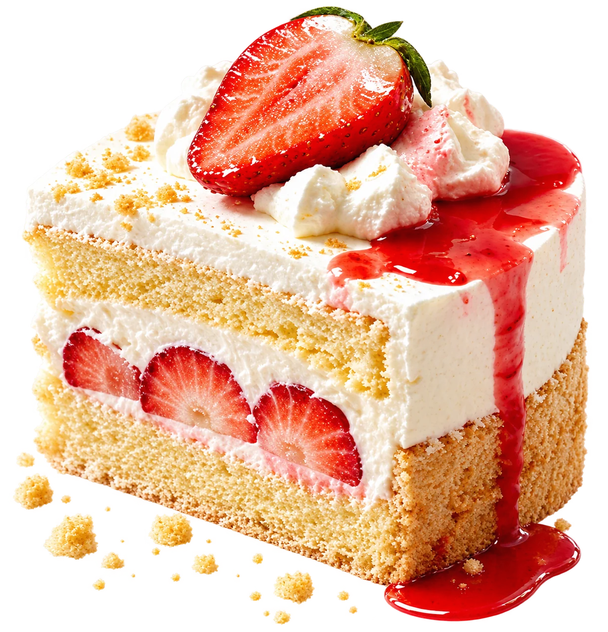 Signature strawberry shortcake slice with strawberry sauce