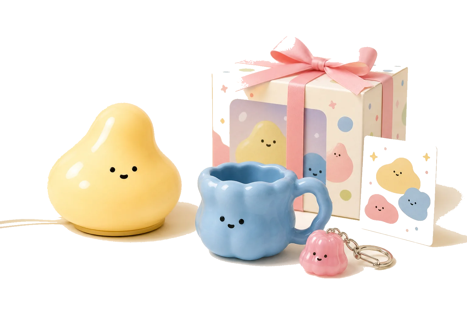 Weird room starter kit with blob lamp, mug, keyring, and box