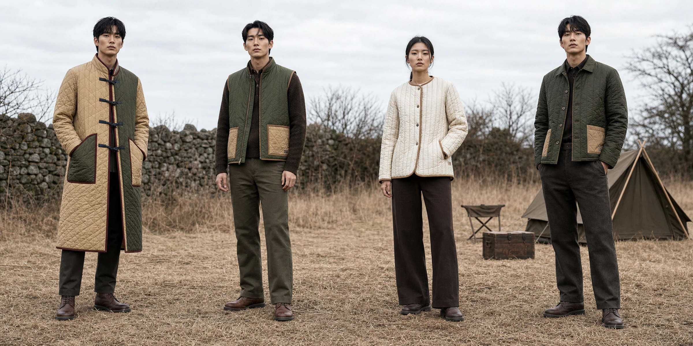 마른 들판 캠프에 선 BRAMBLEHOLD 네 가지 컬렉션 룩