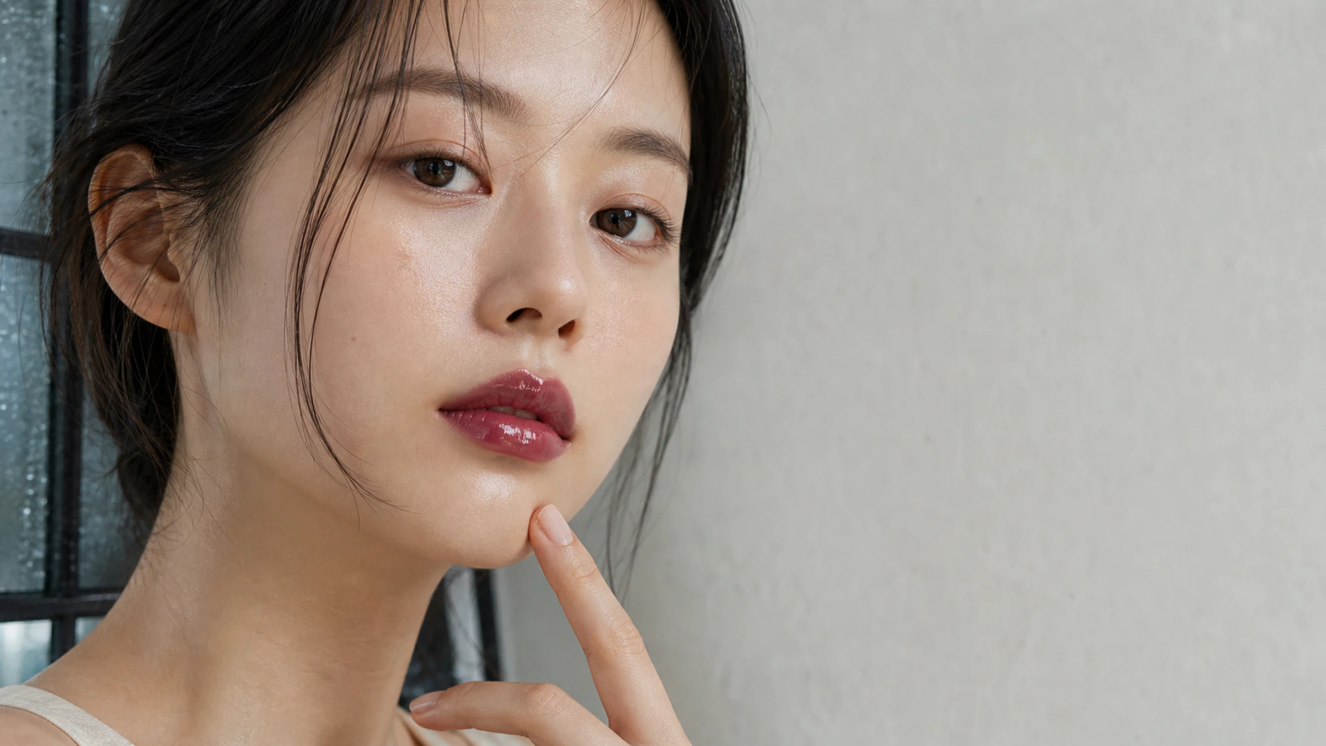 투명한 멀베리 광택이 보이는 한국인 모델의 입술