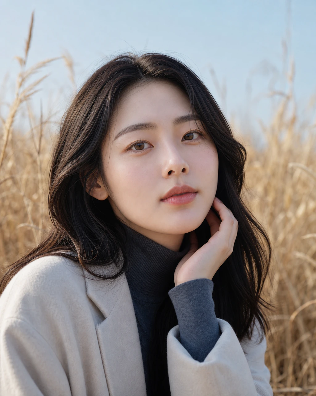 마른 풀밭에서 턱을 가볍게 만지는 한국인 모델