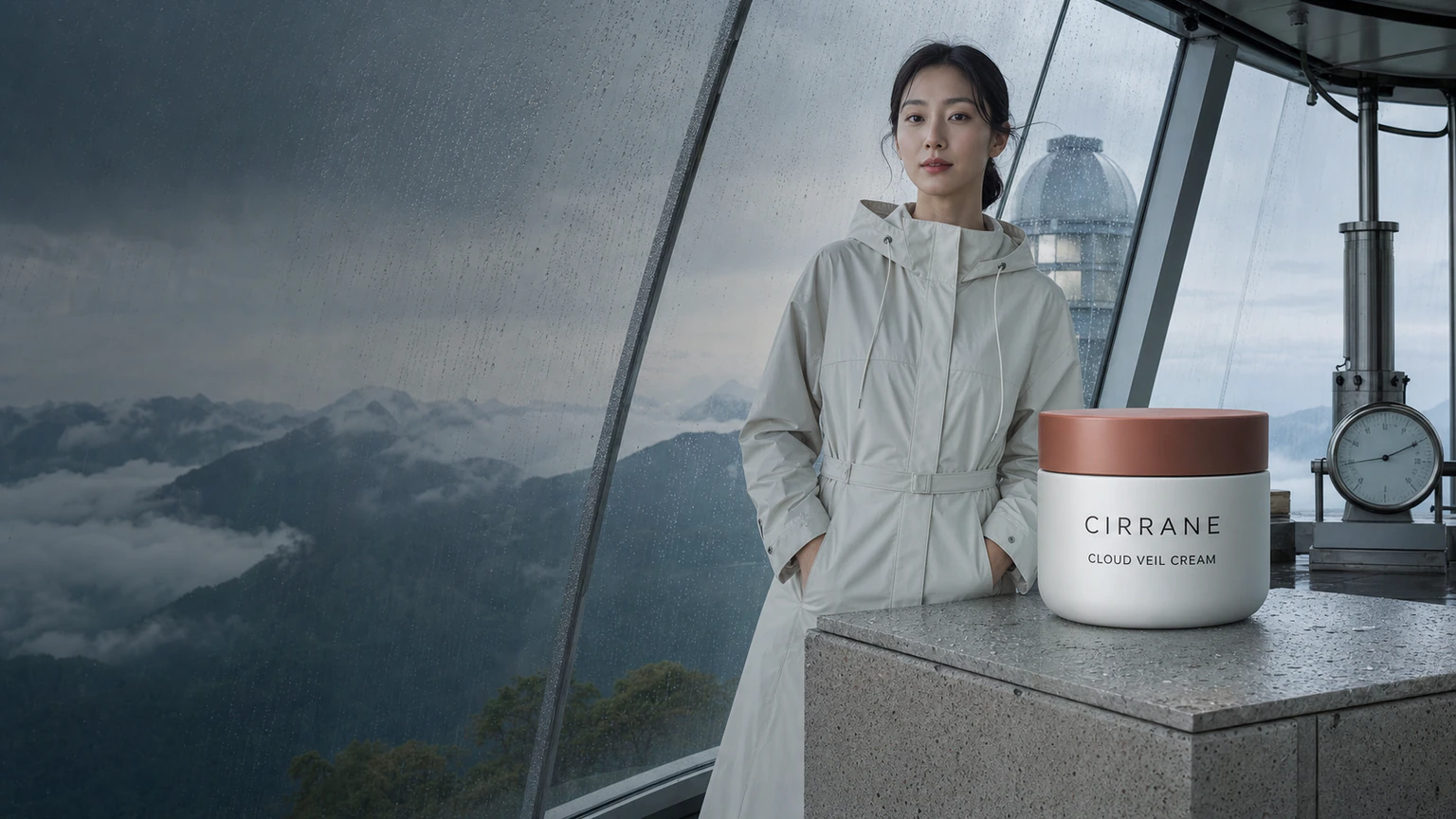 산악 기상 관측소에서 CIRRANE CLOUD VEIL CREAM과 함께 선 한국인 모델