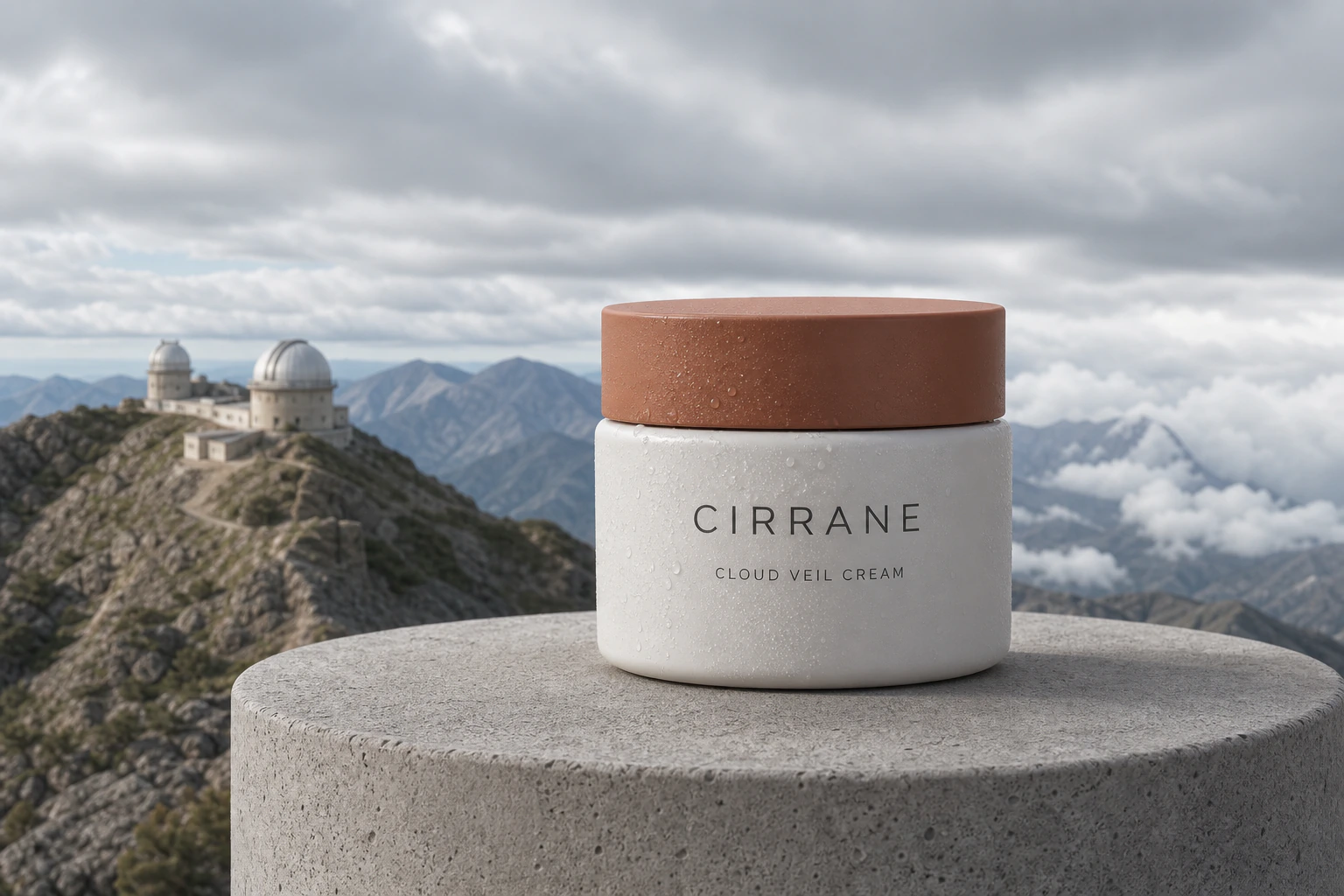 산악 관측소를 배경으로 놓인 CIRRANE CLOUD VEIL CREAM