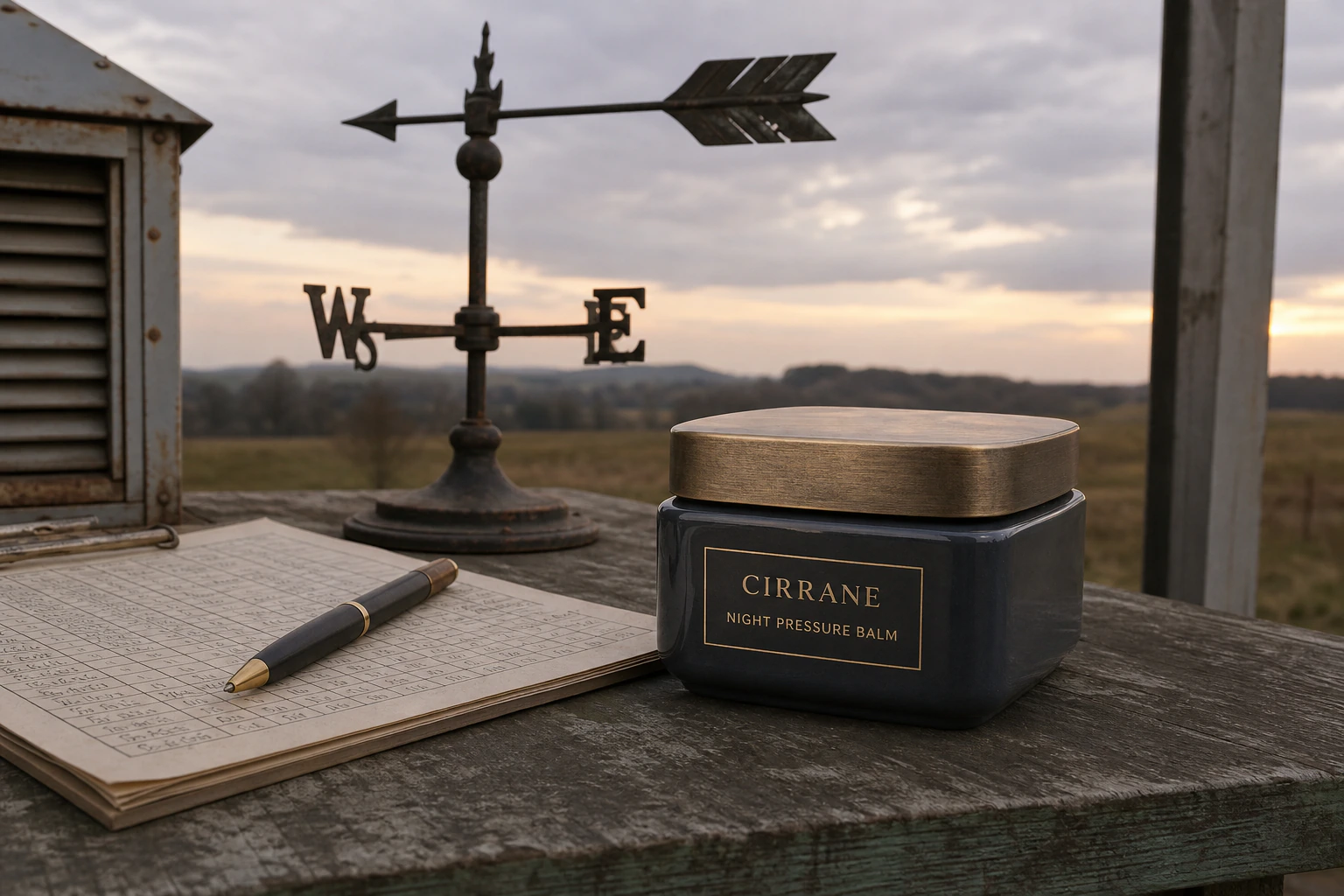 풍향계와 관측 기록지 옆 CIRRANE NIGHT PRESSURE BALM