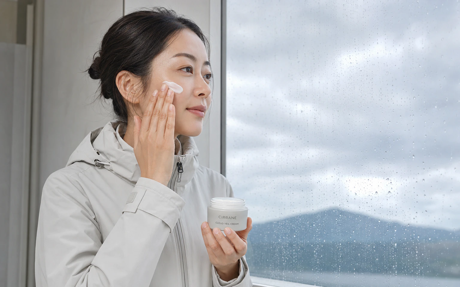 CIRRANE CLOUD VEIL CREAM을 볼에 바르는 한국인 모델
