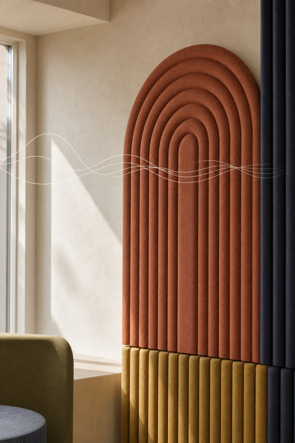 Terracotta and mustard acoustic panels