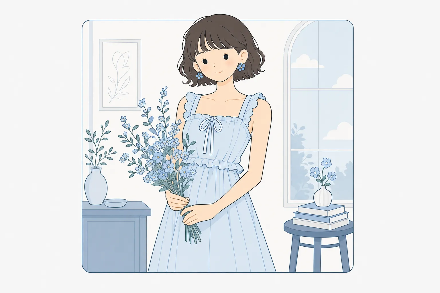 Model holding flowers in a soft blue room