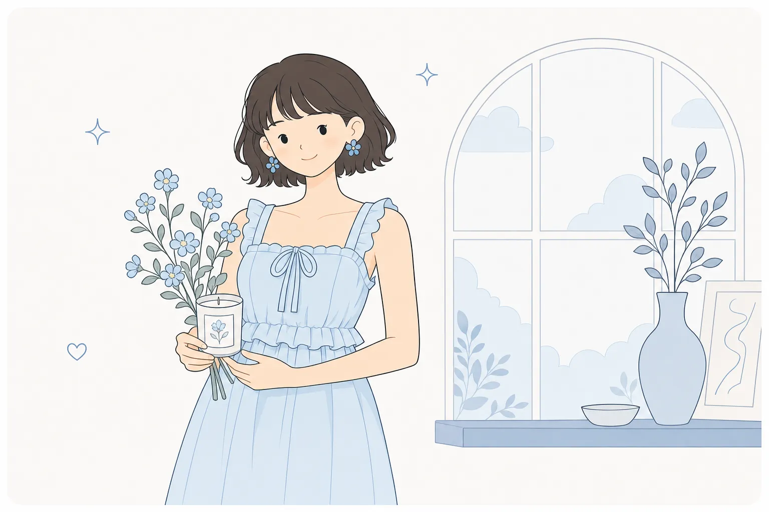 Model holding flowers beside an arched window