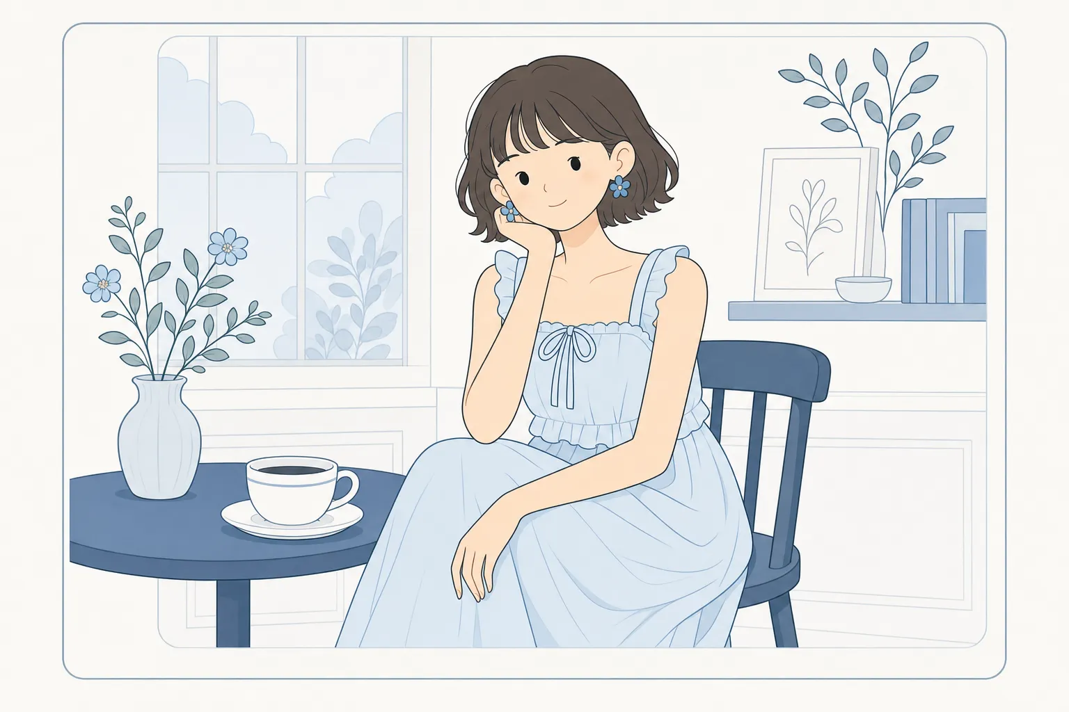 Model seated indoors in a blue dress