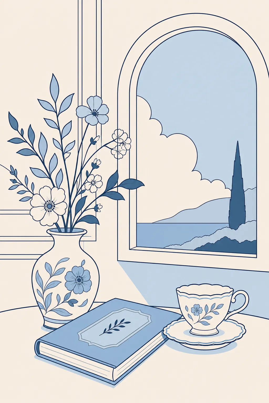 Still life with vase, book, and tea cup