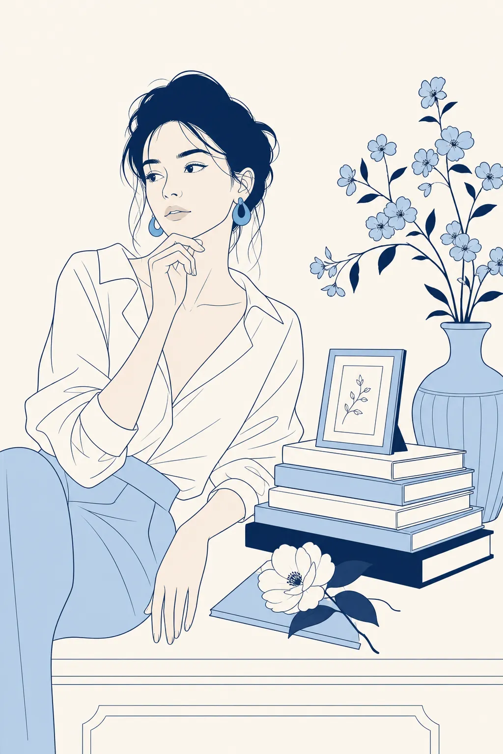 Books, vase, frame, and flower in ELARA flat vector style