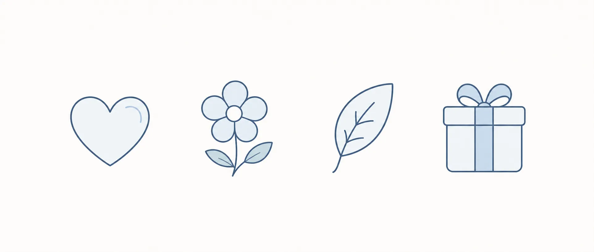 Heart, flower, leaf, and gift icons in ELARA style