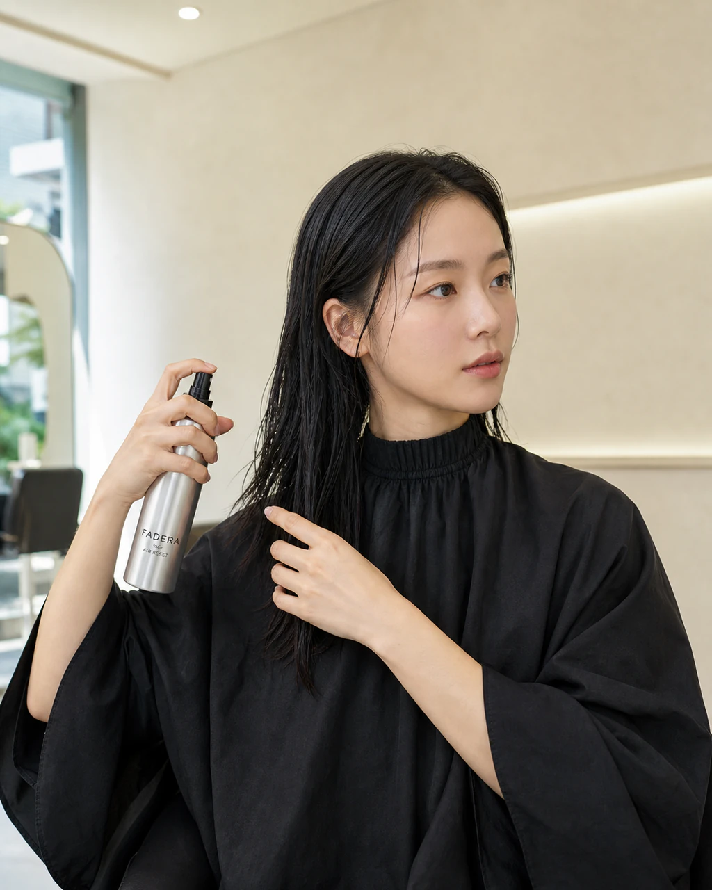 FADERA AIR RESET을 타월 드라이한 모발에 사용하는 장면