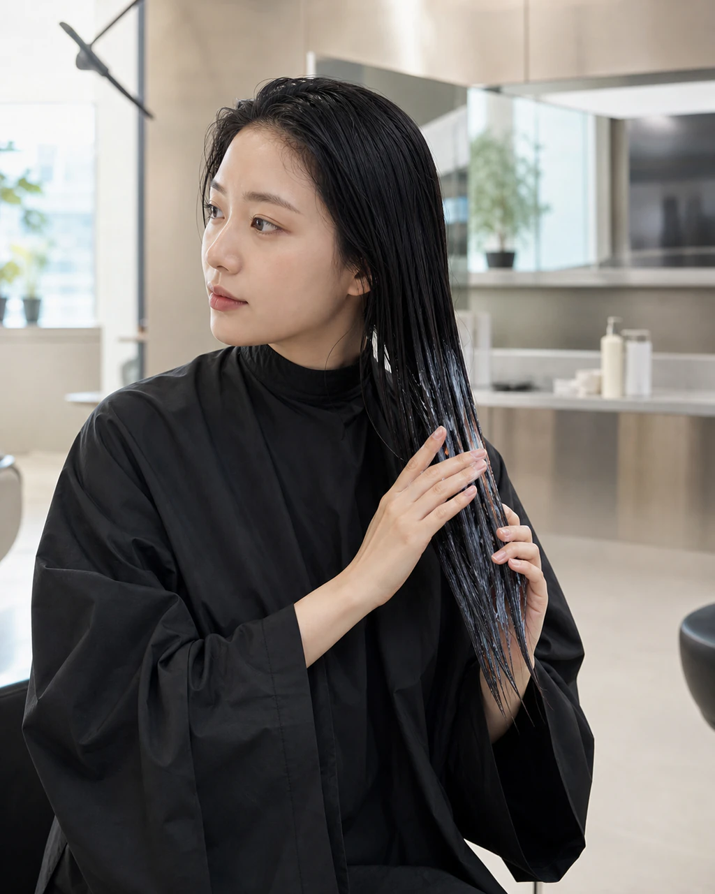 젖은 모발 길이에 트리트먼트를 바르는 장면