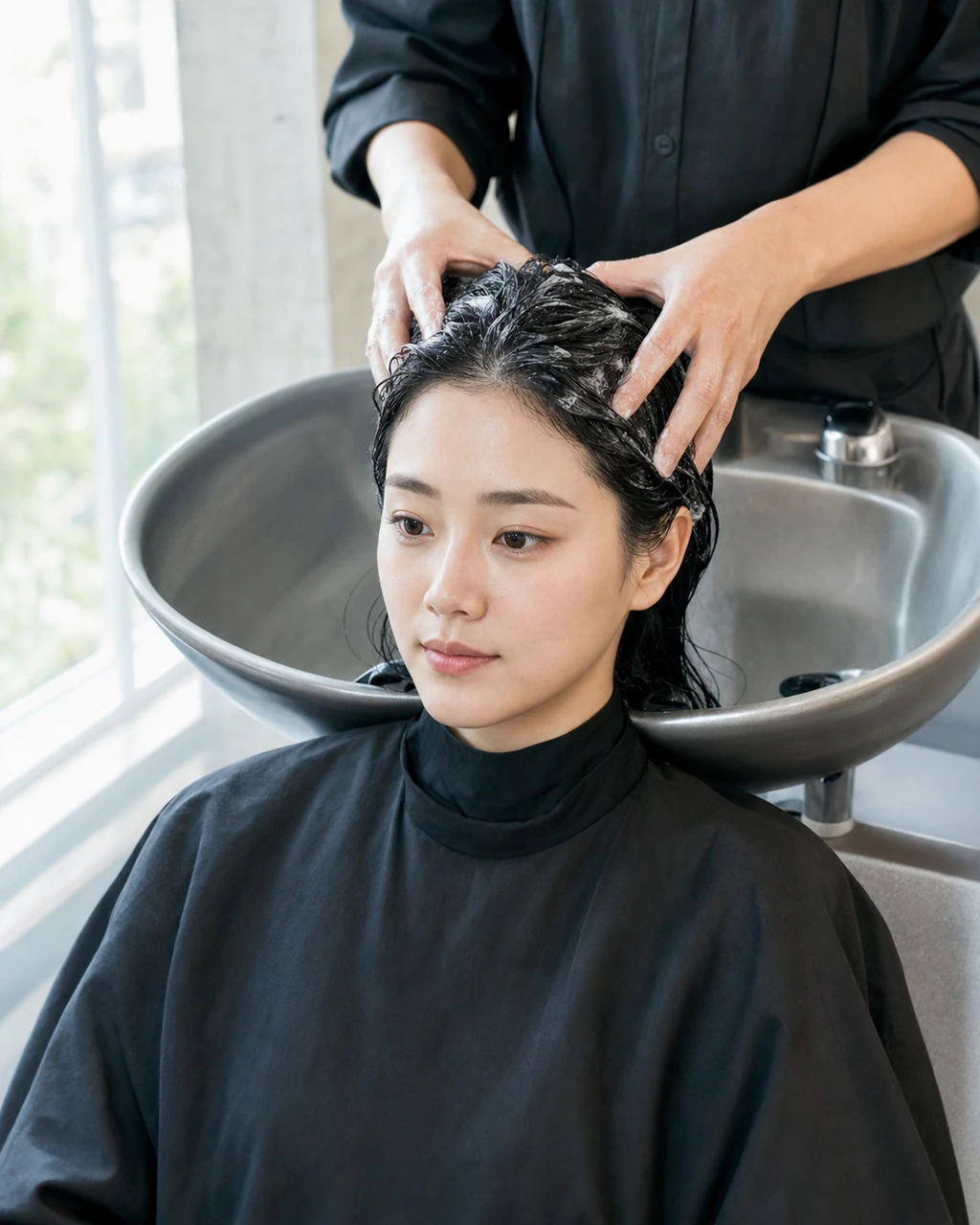 살롱 세정대에서 머리를 세정하는 장면