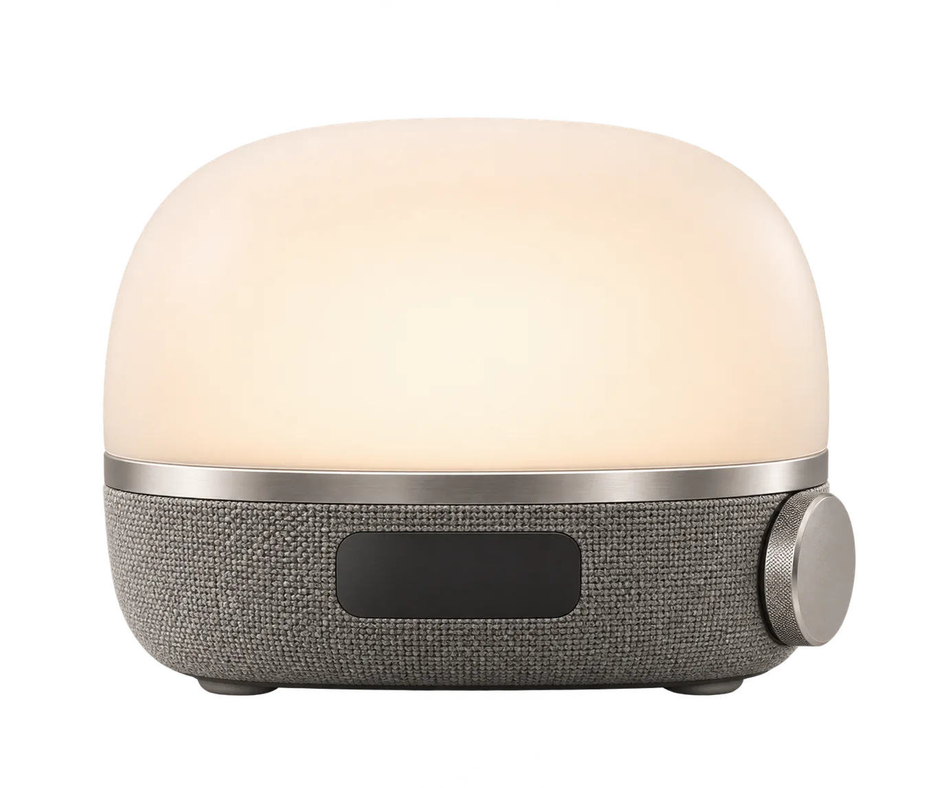 FIRST LIGHT, milky glass above a woven speaker base and a satin metal control ring.