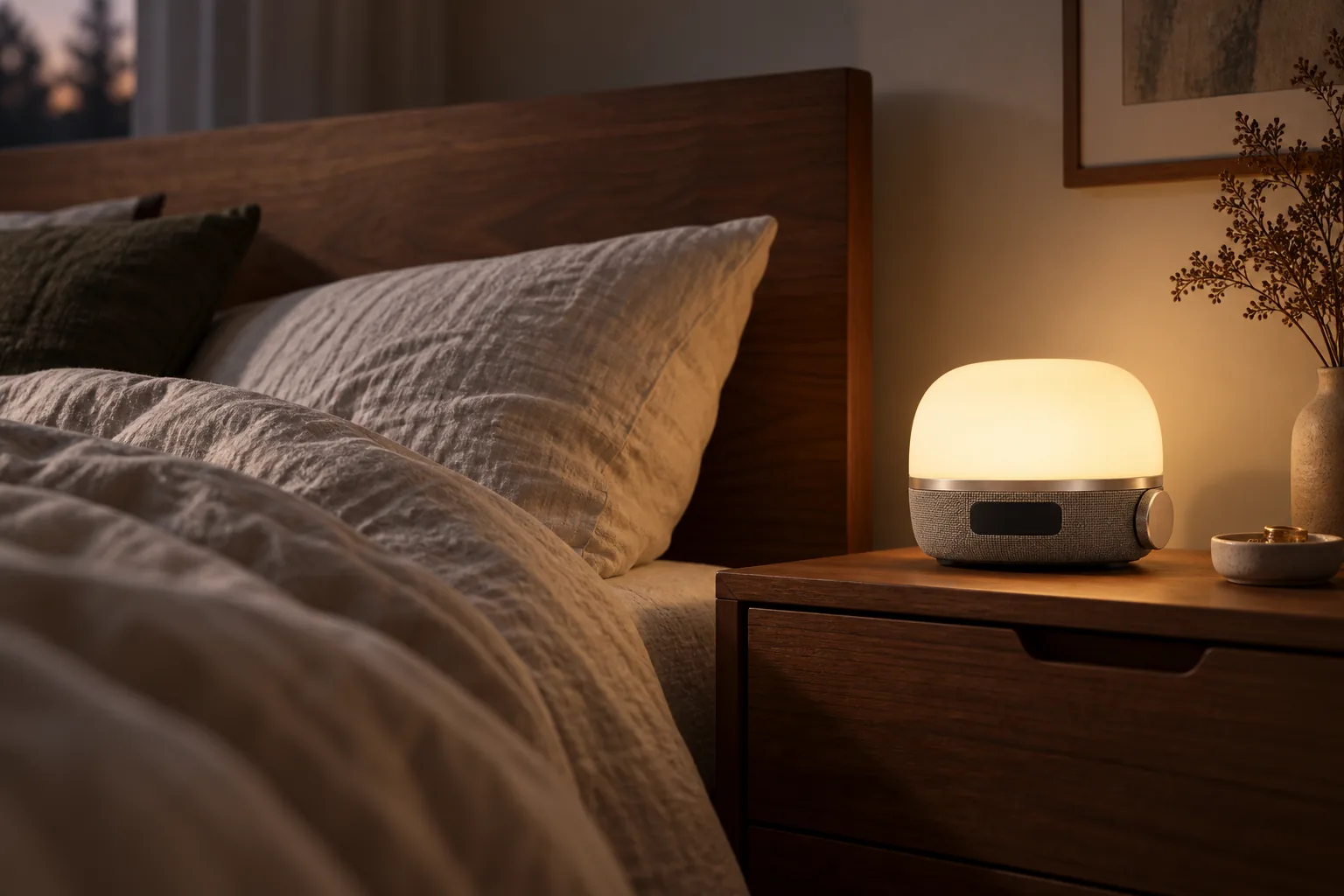 FIRST LIGHT beside walnut furniture in a softly lit bedroom.