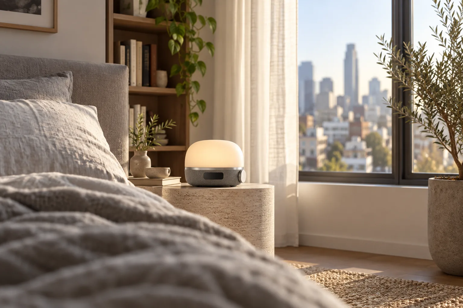 FIRST LIGHT in a bright city apartment with a stone bedside table.