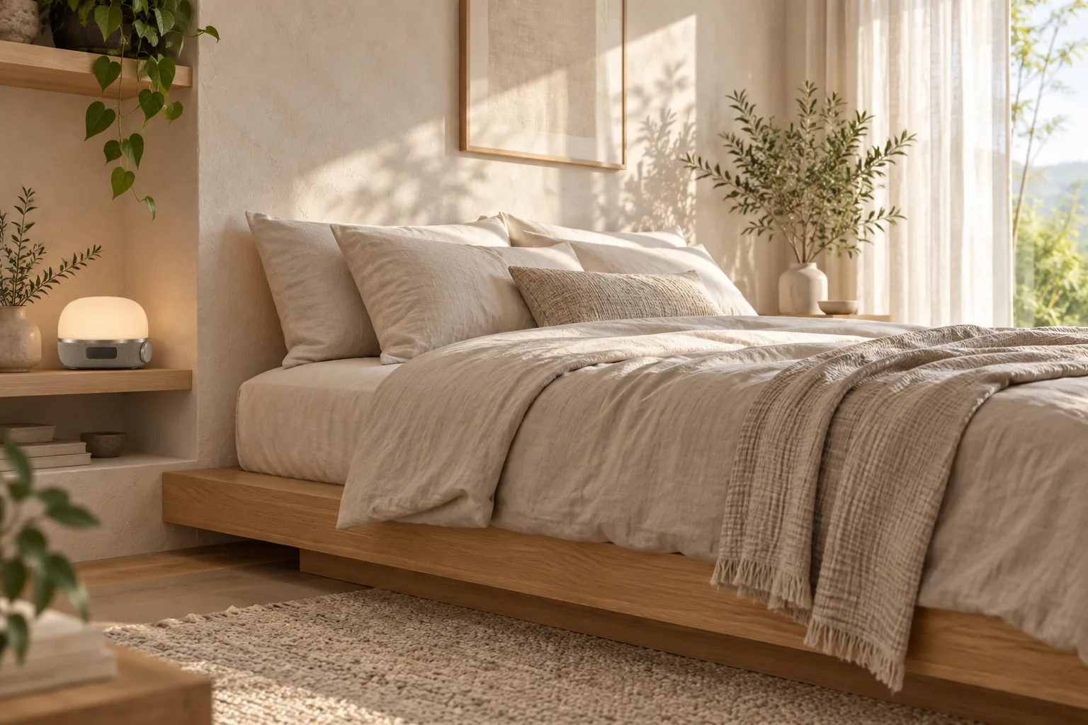 A small FIRST LIGHT on an oak shelf in a minimal, sunlit bedroom.