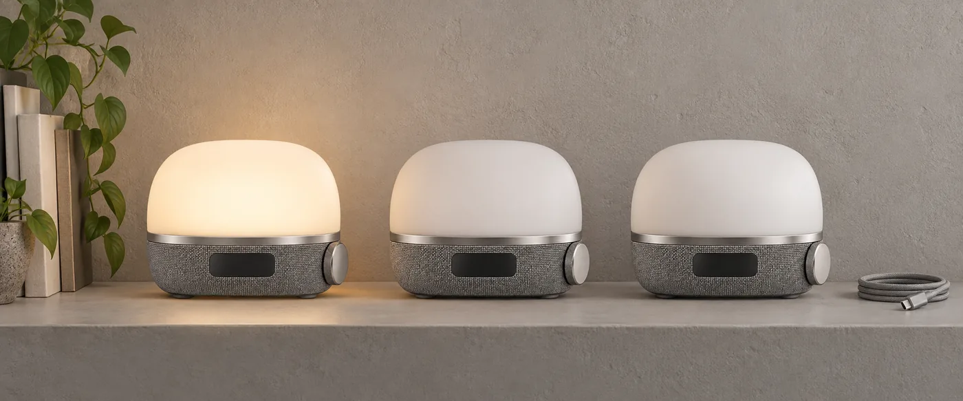 Three FIRST LIGHT examples and a removable cable on one continuous mineral shelf.