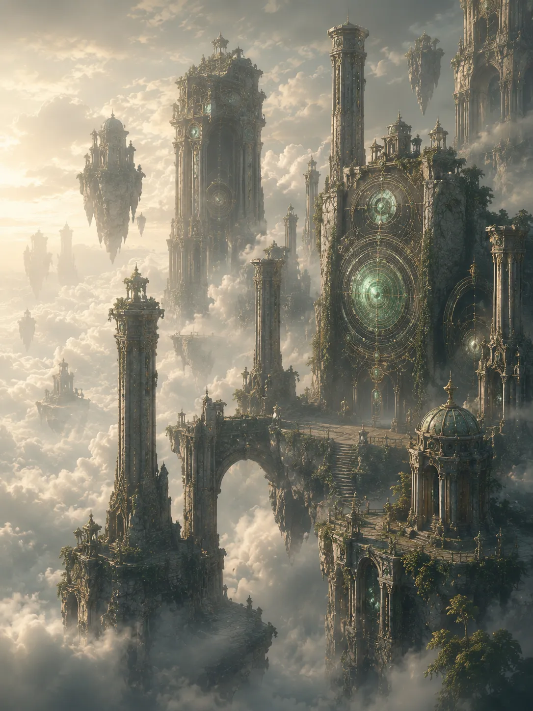 Stone pillars in clouds