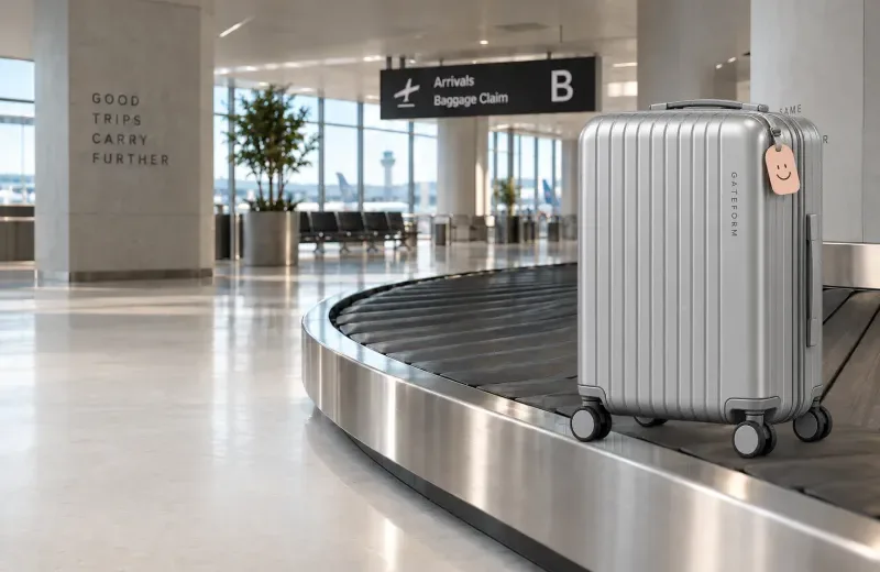 GATEFORM silver carry-on with a small peach luggage tag