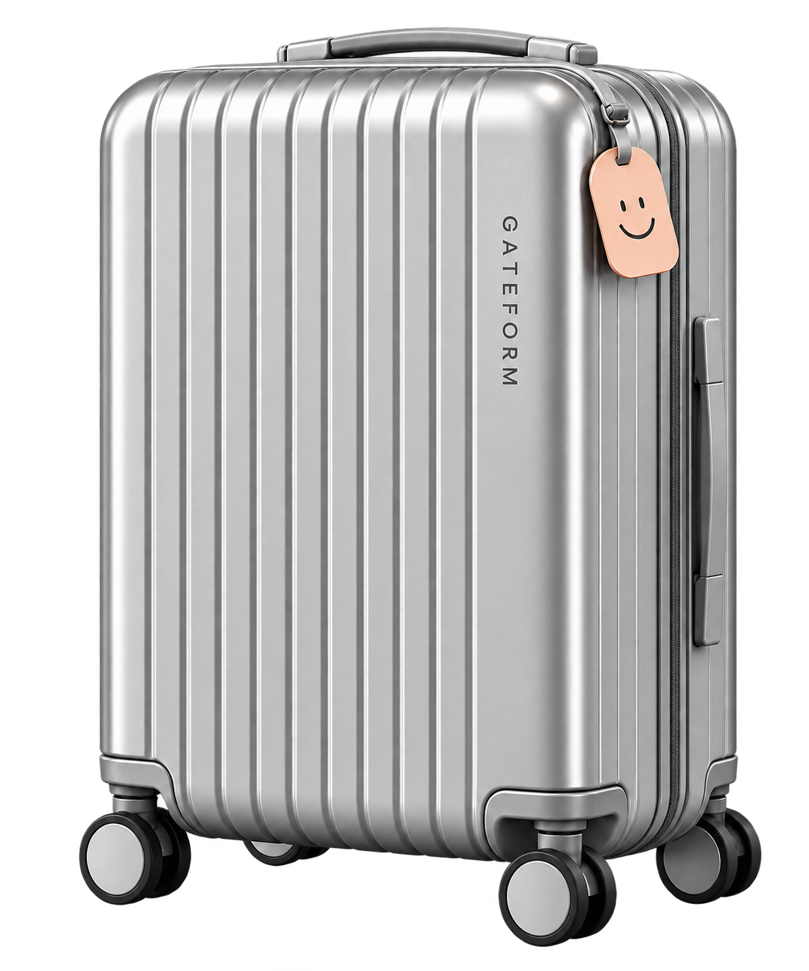Silver C55 carry-on with rounded corners and a peach smiling luggage tag
