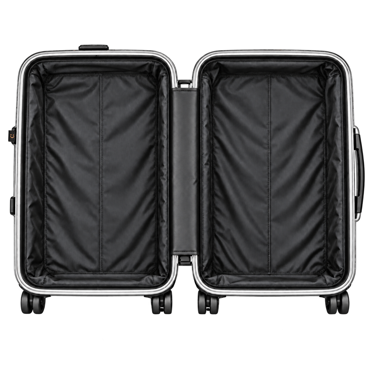 Open two-sided case with dark woven lining