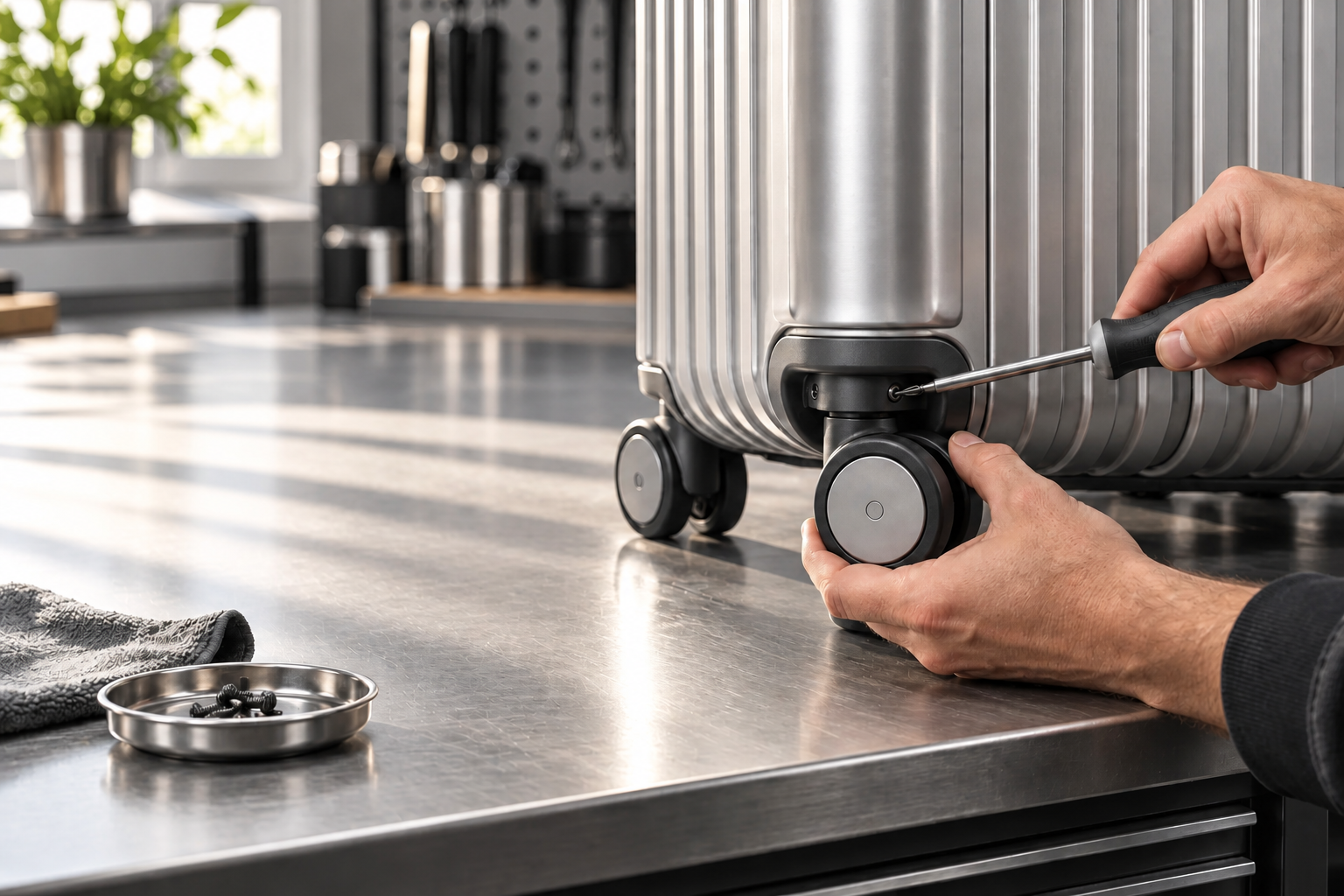 Hands exploring a replaceable suitcase wheel with a screwdriver