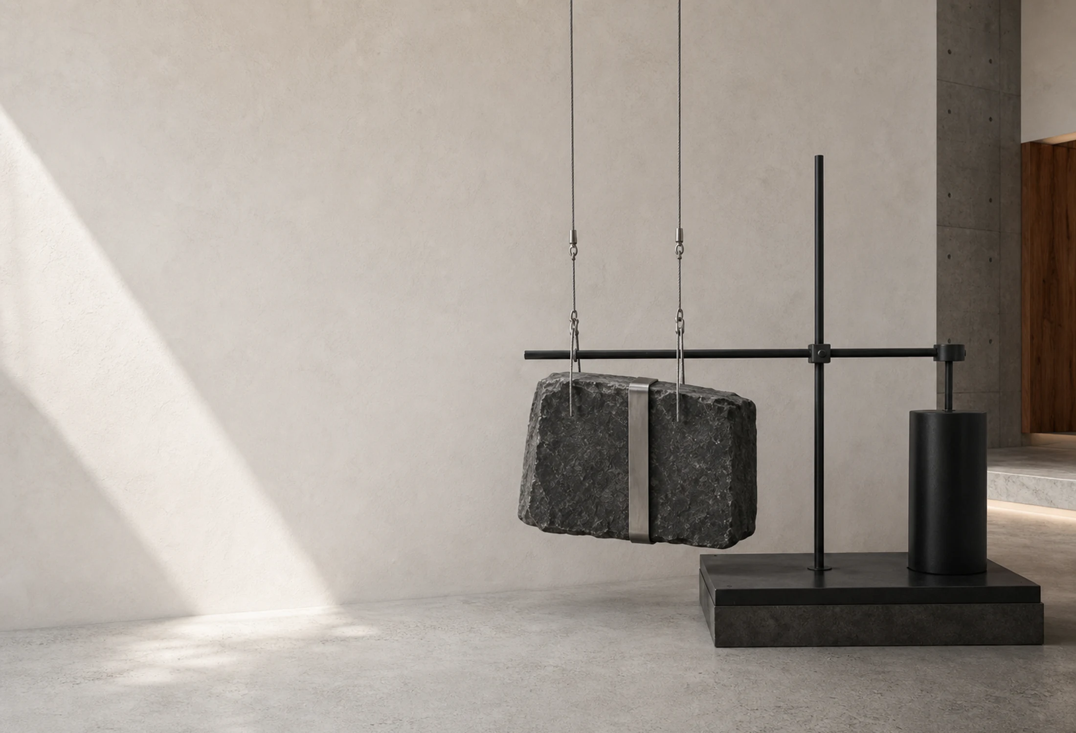 A rough stone suspended beside a black counterweight mechanism