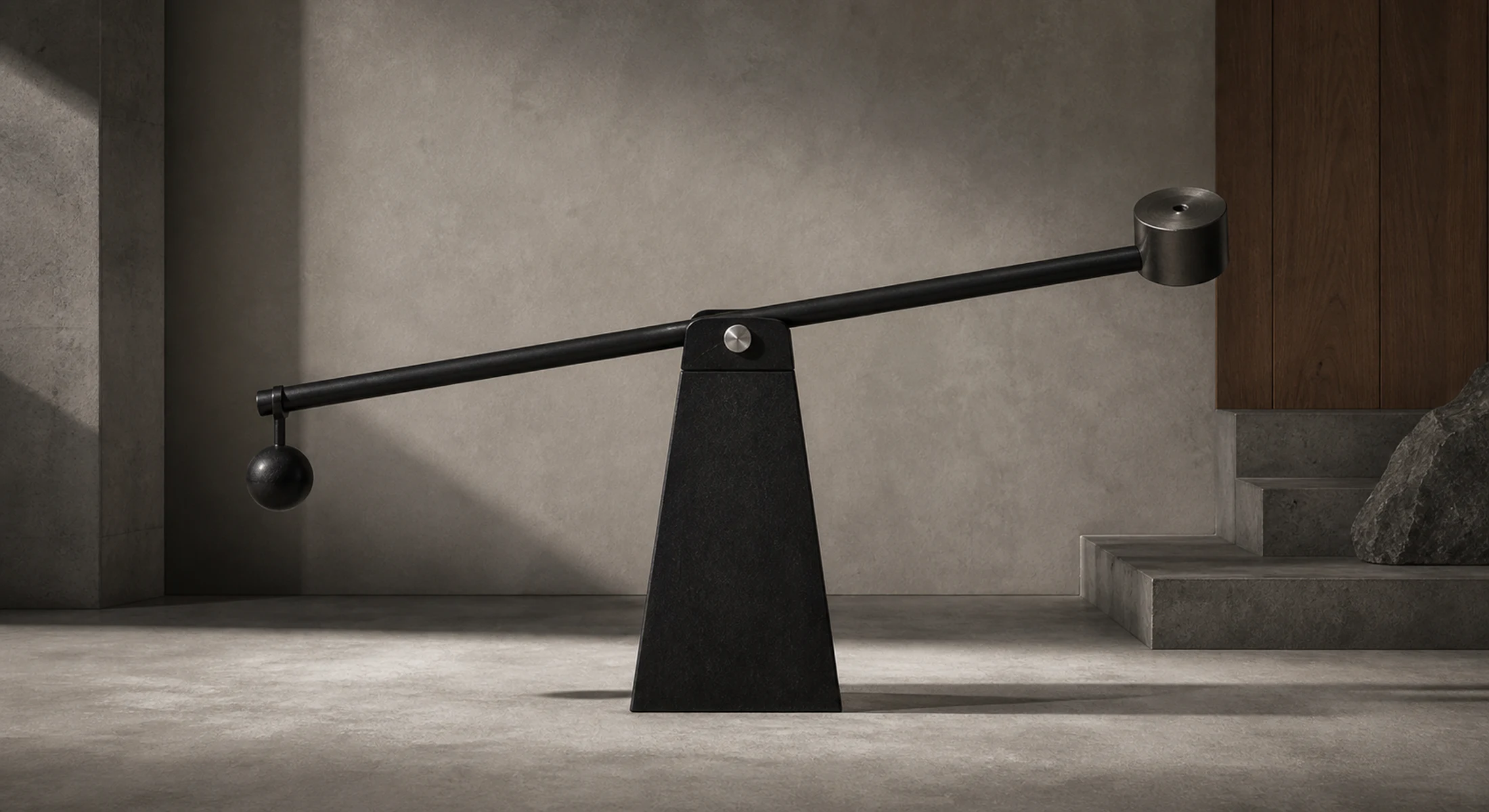 A tilted balance beam with weights on a central pivot